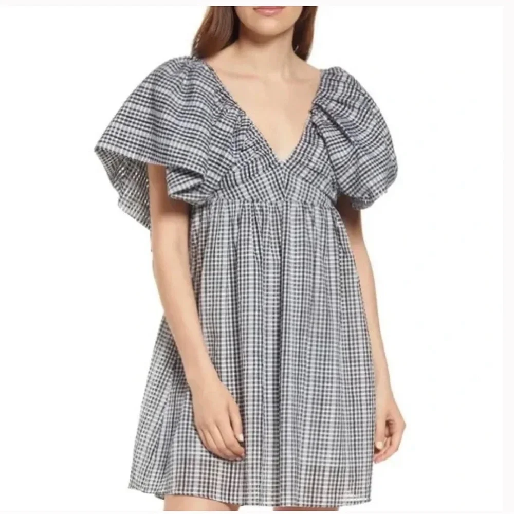 NEW Moon River Sz L Puff Sleeves Gingham Gauze Mini Babydoll Dress Black White